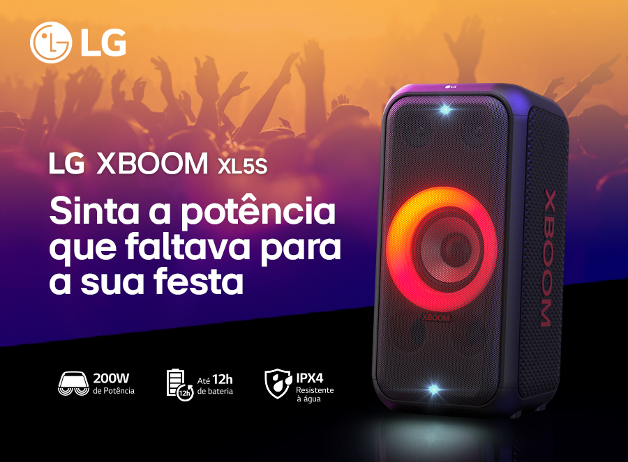 Caixa de som XBOOM da LG exibindo suas cores e seu grande falante no meio